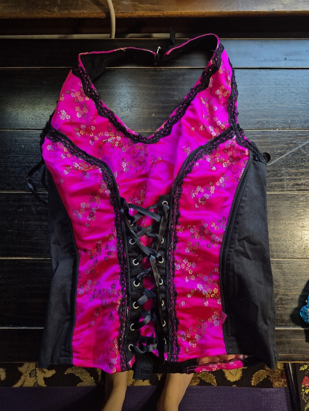 Vintage Tripp NYC Pink Brocade Lace-Up Halter Corset Top Size L/XL
